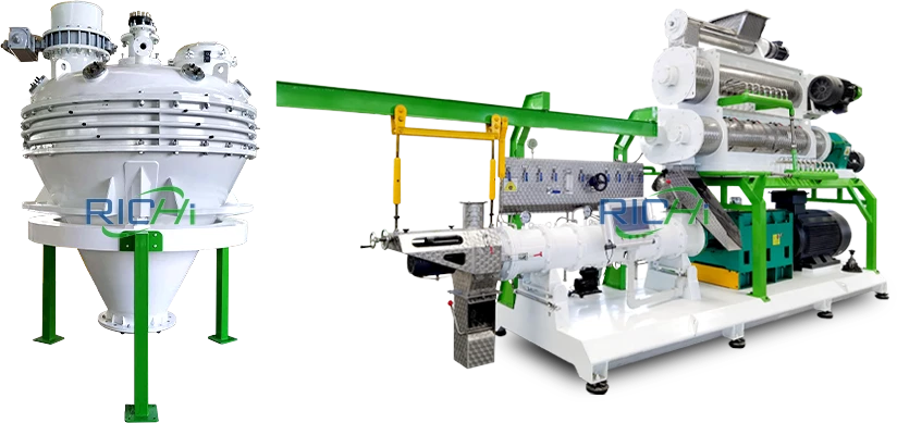 Fish feed sprayer and floating fish feed extruder