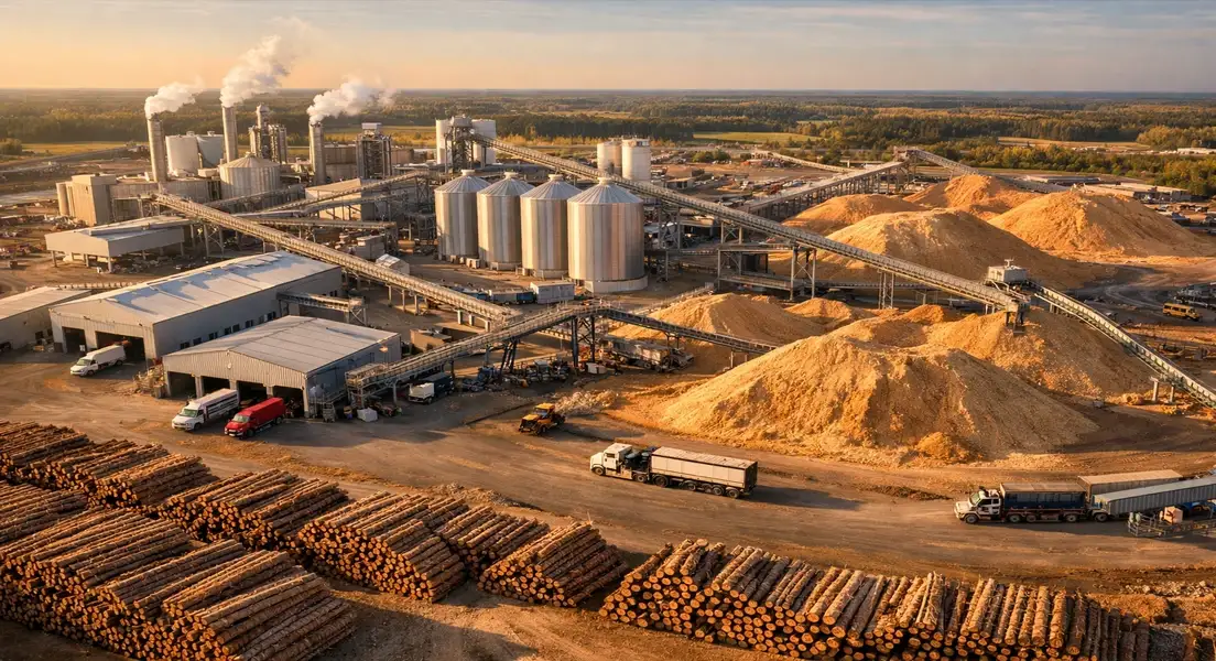 लकड़ी के पेलेट संयंत्र का हवाई दृश्य